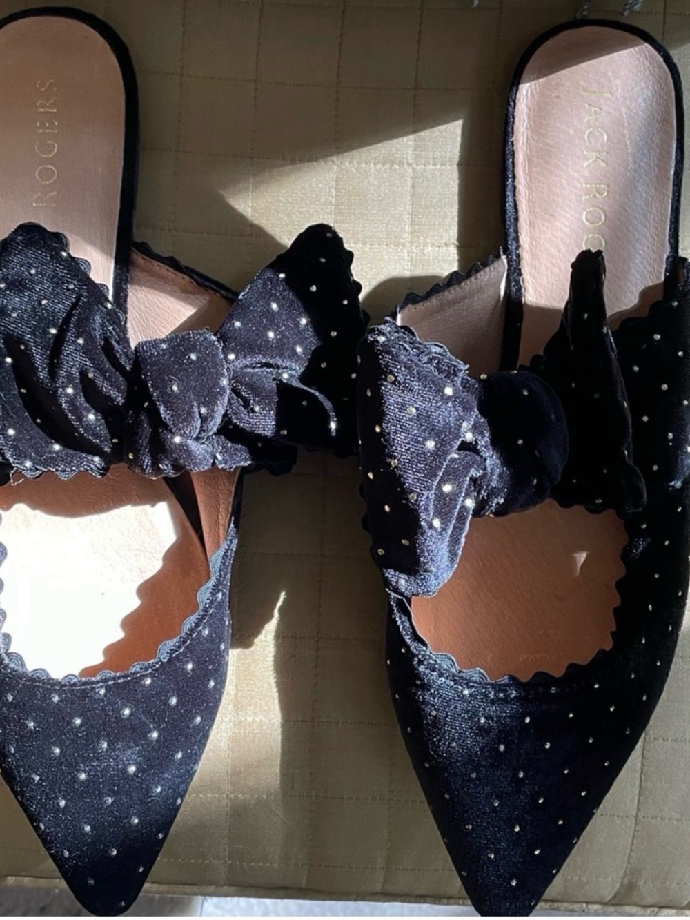 Jack Rogers Black Elle Dot Velvet Bow Mules